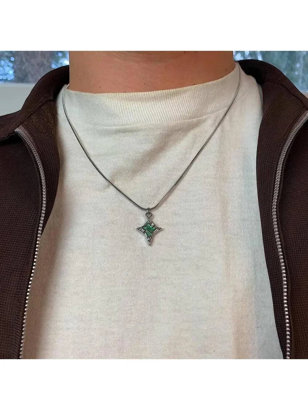 Y2K Cyber Melted Green Opal Star Silver Rope Chain Necklace Unisex